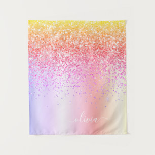 Pastel Rainbow Pink Gold Purple Glitter Monogram Tapestry