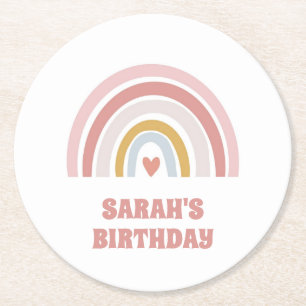 pastel rainbow pink with heart birthday  round paper coaster