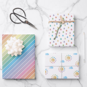 Pastel Rainbow Raindrops and Sunshine Baby Shower Wrapping Paper Sheet