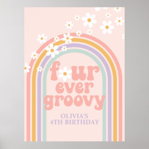 Pastel Rainbow Retro Four Ever Groovy 4th Birthday Poster