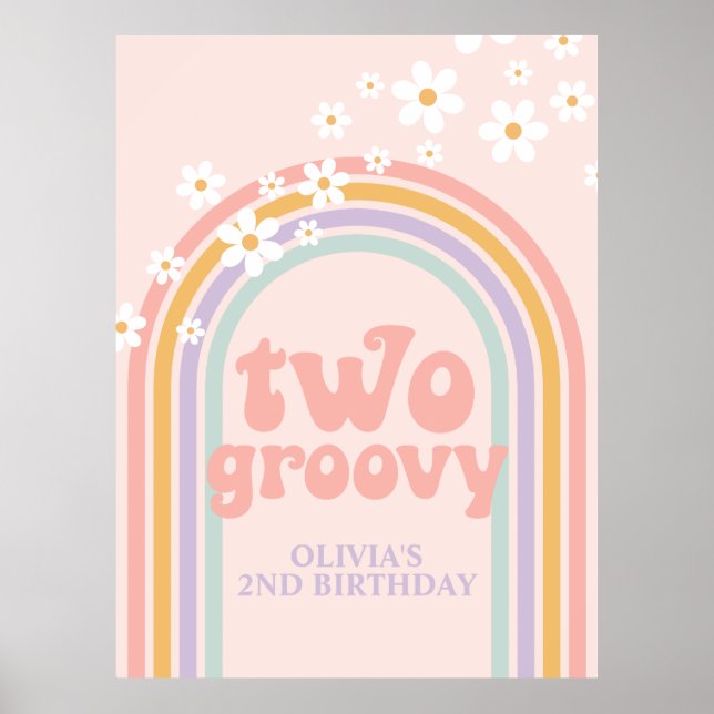 Pastel Rainbow Retro Two Groovy 2nd Birthday Poster (Front)