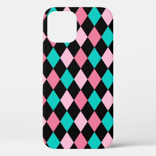 Pastel Rainbow Rhombuses Black Pink Blue Harlequin iPhone 12 Case