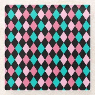 Pastel Rainbow Rhombuses Black Pink Blue Harlequin Glass Coaster