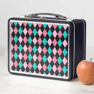 Pastel Rainbow Rhombuses Black Pink Blue Harlequin Metal Lunch Box