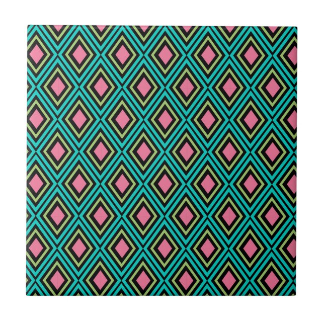 Pastel Rainbow Rhombuses Geometric Black Pink Blue Tile (Front)