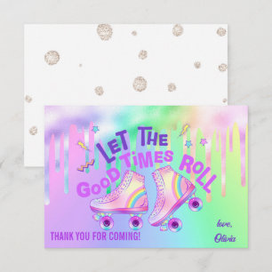 Pastel Rainbow   Roller Skating Birthday  Thank You Card