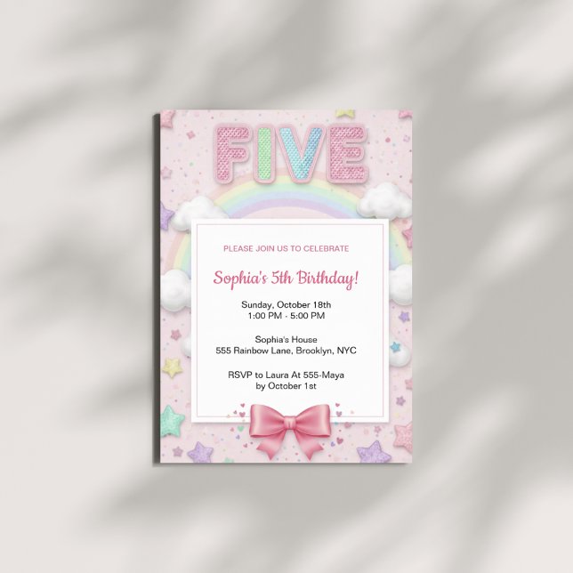 Pastel Rainbow Sequin Glitter Girl 5th Birthday Invitation (Creator Uploaded)