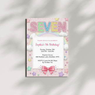 Pastel Rainbow Sequin Glitter Girl 7th Birthday Invitation