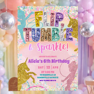 Pastel Rainbow Sequin unicorn and gymnastic girl Invitation