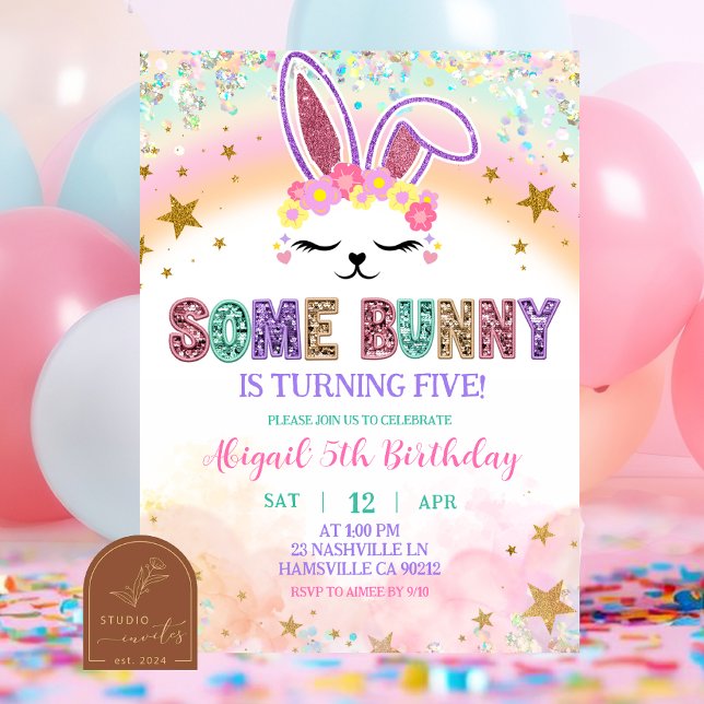 Pastel Rainbow Sequins Bunny Invitation (Creator Uploaded)
