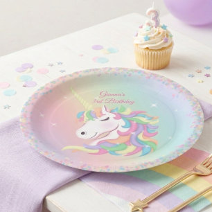 Pastel Rainbow Sparkle Magical Unicorn Birthday Paper Plate