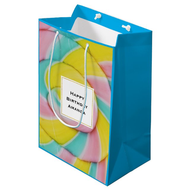Pastel Rainbow Spiral Candy Photo Birthday Medium Gift Bag (Front Angled)