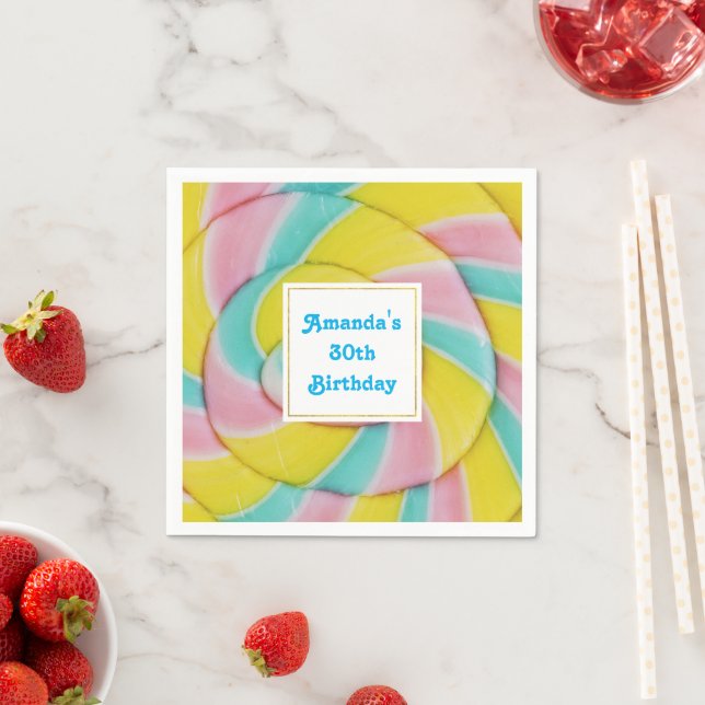 Pastel Rainbow Spiral Candy Photo Birthday Napkin (Insitu)