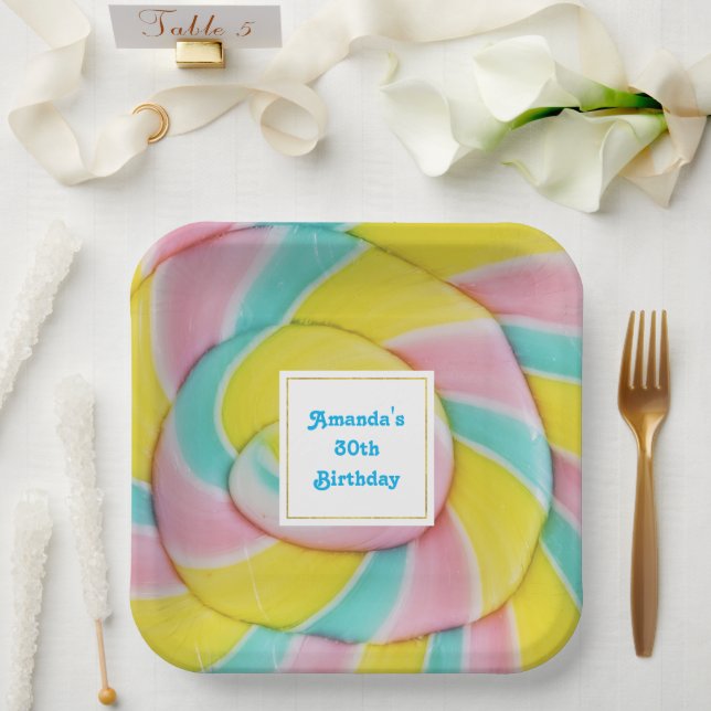 Pastel Rainbow Spiral Candy Photo Birthday Paper Plate (Wedding)