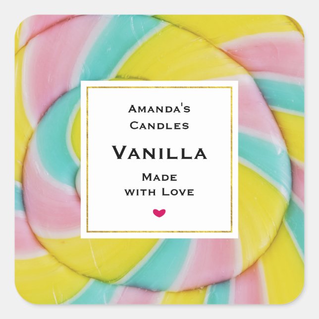 Pastel Rainbow Spiral Candy Photo Candle Business Square Sticker (Front)