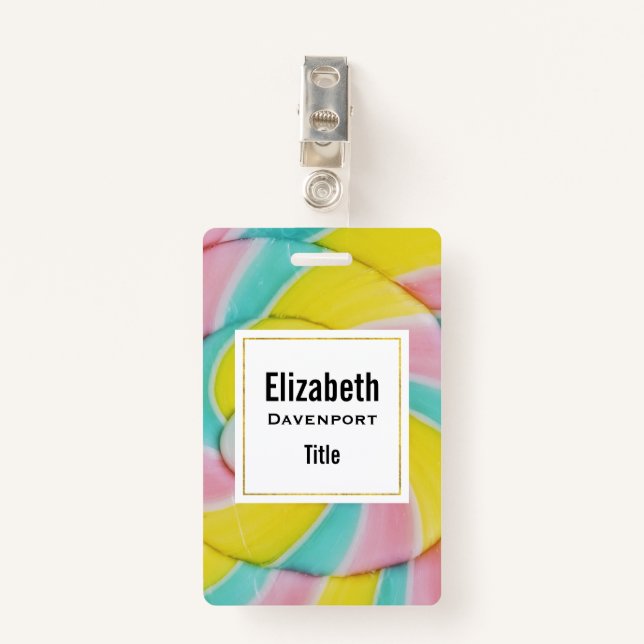 Pastel Rainbow Spiral Candy Photo ID Badge (Front with Clip)