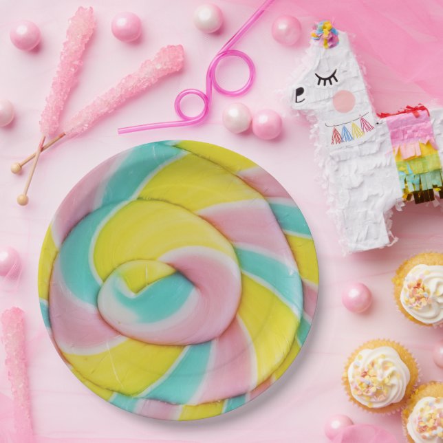 Pastel Rainbow Spiral Candy Photo Paper Plate (Party)