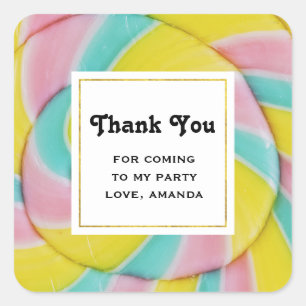 Pastel Rainbow Spiral Candy Photo Party Thank You Square Sticker