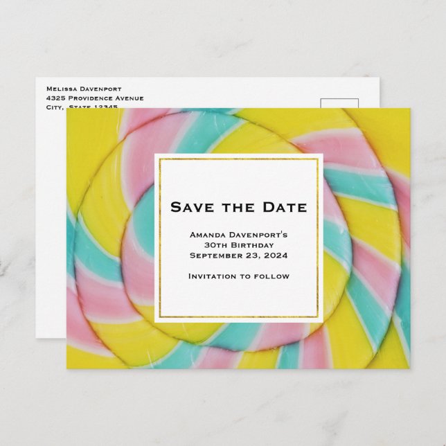 Pastel Rainbow Spiral Candy Save the Date Invitation Postcard (Front/Back)