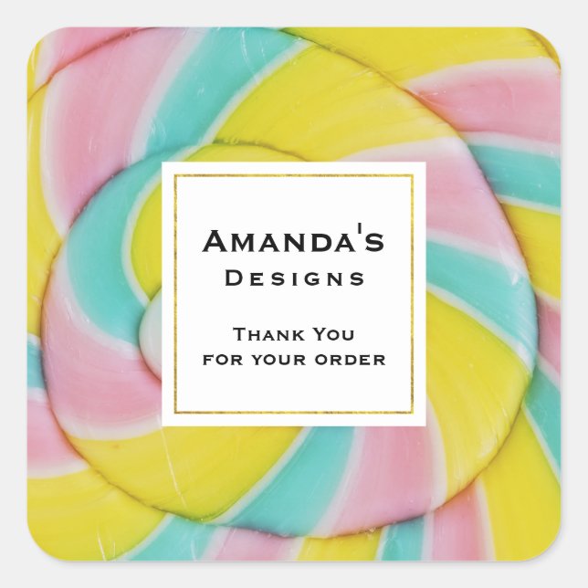 Pastel Rainbow Spiral Candy Thank You Business Square Sticker (Front)