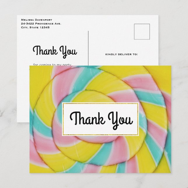 Pastel Rainbow Spiral Candy Thank You Postcard (Front/Back)