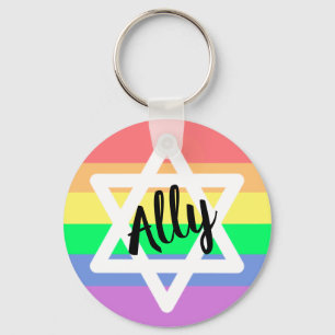 Pastel Rainbow Star of David LGBTQ Ally Message Key Ring