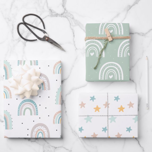 Pastel Rainbow Stars Baby Gren Blue Wrapping Paper Sheet (Front)