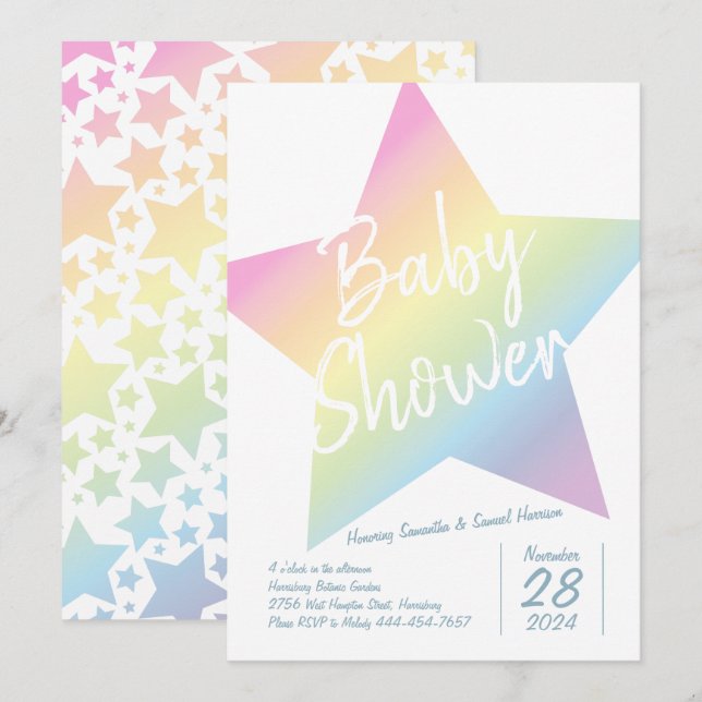 Pastel Rainbow Stars Baby Shower Simple Modern Invitation (Front/Back)
