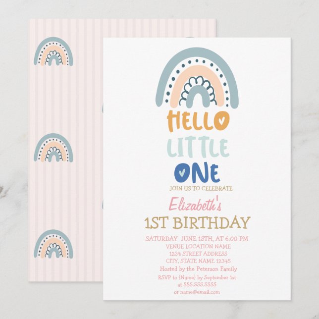Pastel Rainbow Striped Hello Little One Birthday Invitation (Front/Back)