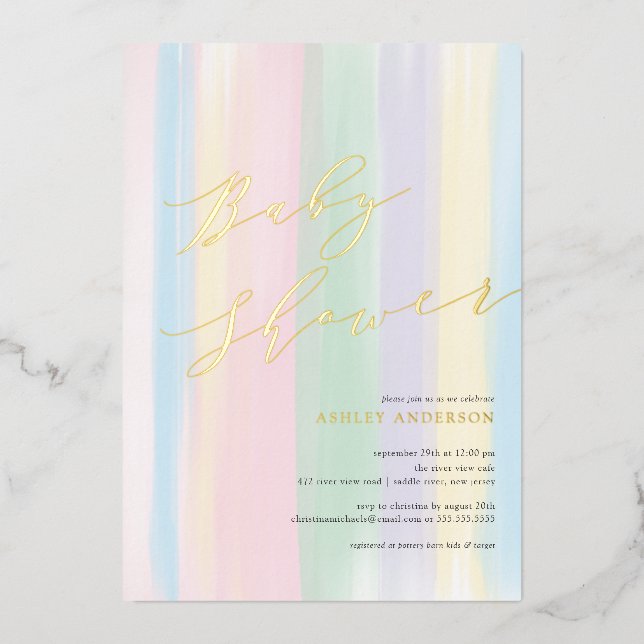 Pastel Rainbow Stripes Baby Shower Foil Invitation (Front)