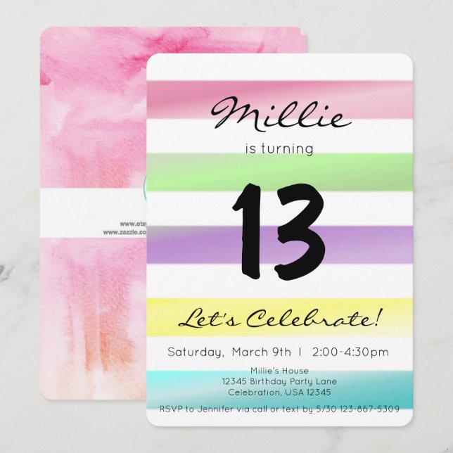 Pastel Rainbow Stripes Girl Birthday Invitation (Front/Back)