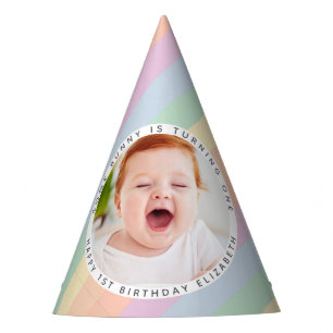 Pastel Rainbow Stripes Happy Birthday Photo Party Hat