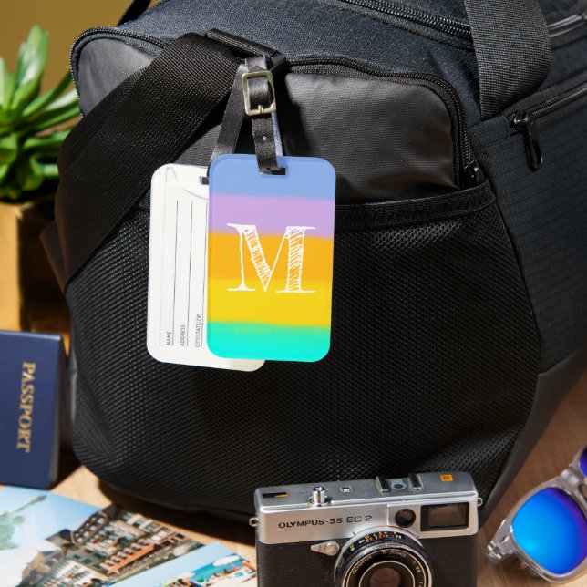 Pastel Rainbow Stripes | Initial Letter Monogram Luggage Tag (Front & Back)