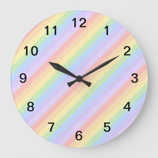 Pastel Rainbow Stripes. Large Clock (Front)