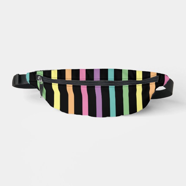 Pastel Rainbow Stripes Pattern on Black Bum Bags (Front)