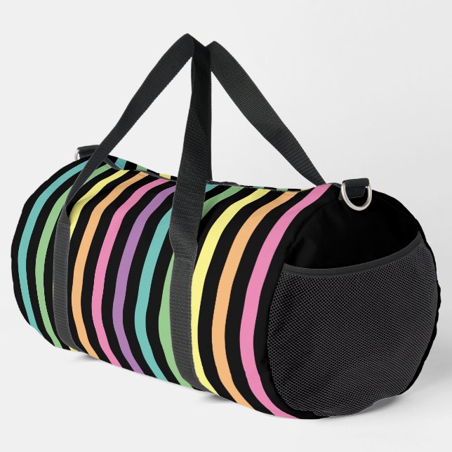 Pastel Rainbow Stripes Pattern on Black Duffle Bag (Right Corner)
