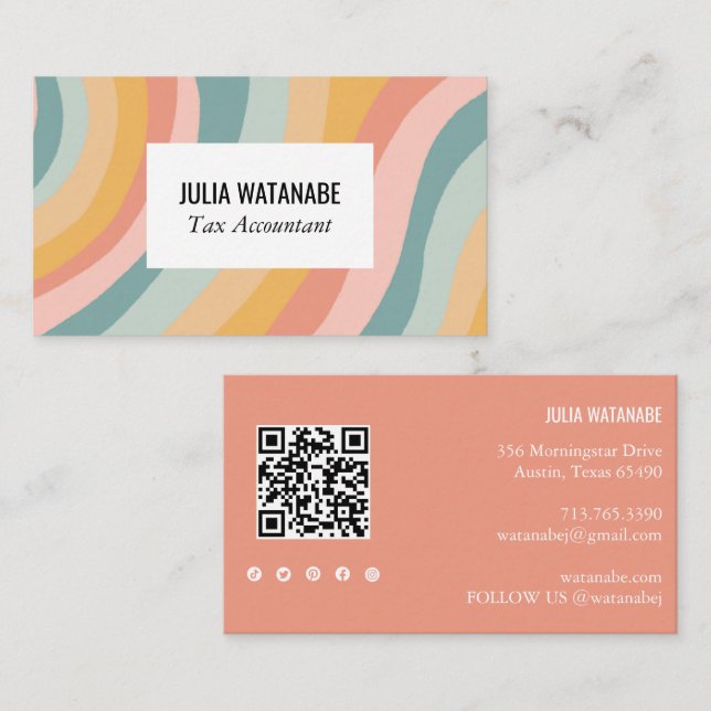 Pastel Rainbow Stripes QR Code Social Media Chic Business Card (Front/Back)
