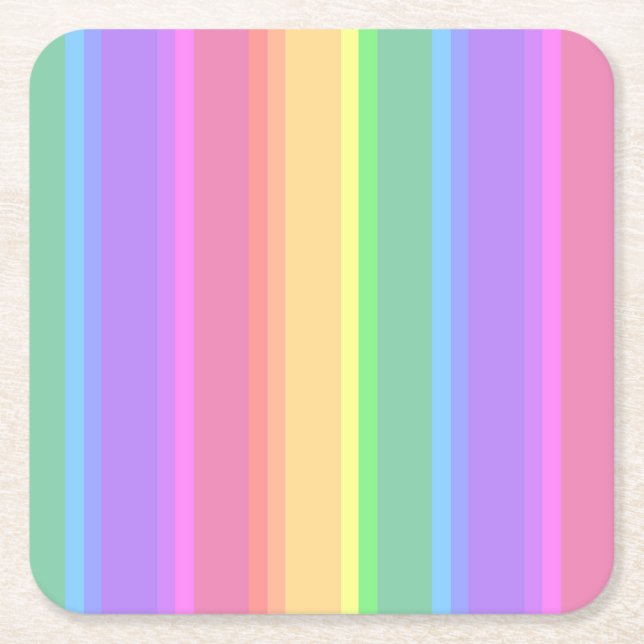 Pastel rainbow stripes square paper coaster (Front)