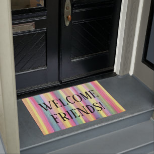 Pastel Rainbow Stripes Welcome Friends Door Mat