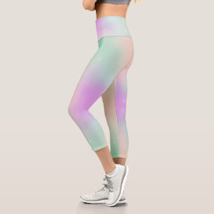 Pastel rainbow swirl silver star cute pink teal  capri leggings
