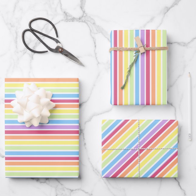 Pastel Rainbow Thin Stripes Wrapping Paper Sheet (Front)