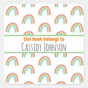 Pastel rainbow this book belongs to kids bookplate square sticker