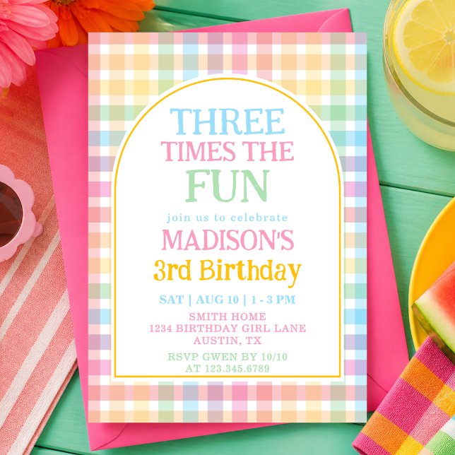 Pastel Rainbow Three Times The Fun 3rd Birthday Invitation (Creator Uploaded)