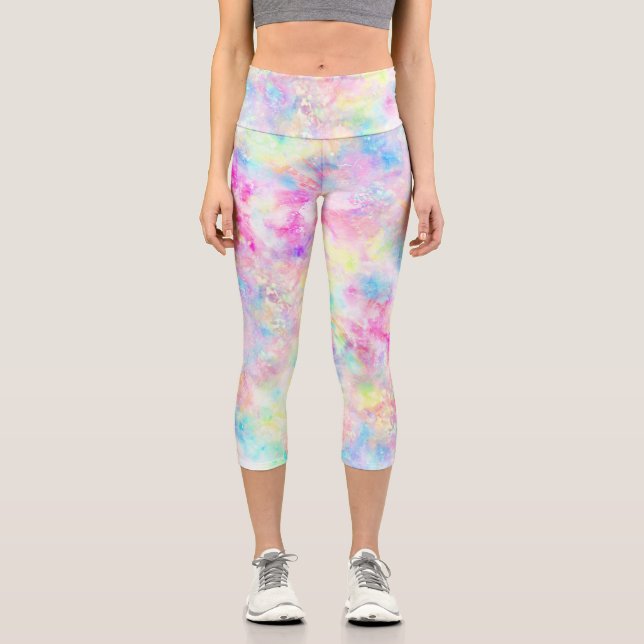 Pastel Rainbow Tie Dye Watercolor Capri Leggings (Front)