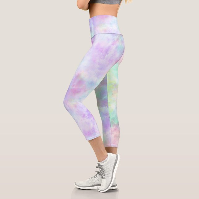 Pastel Rainbow Tie-Dye Watercolor Painting Capri Leggings (Left)