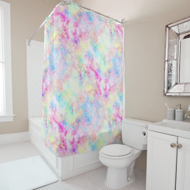 Pastel Rainbow Tie Dye Watercolor Shower Curtain (In Situ)