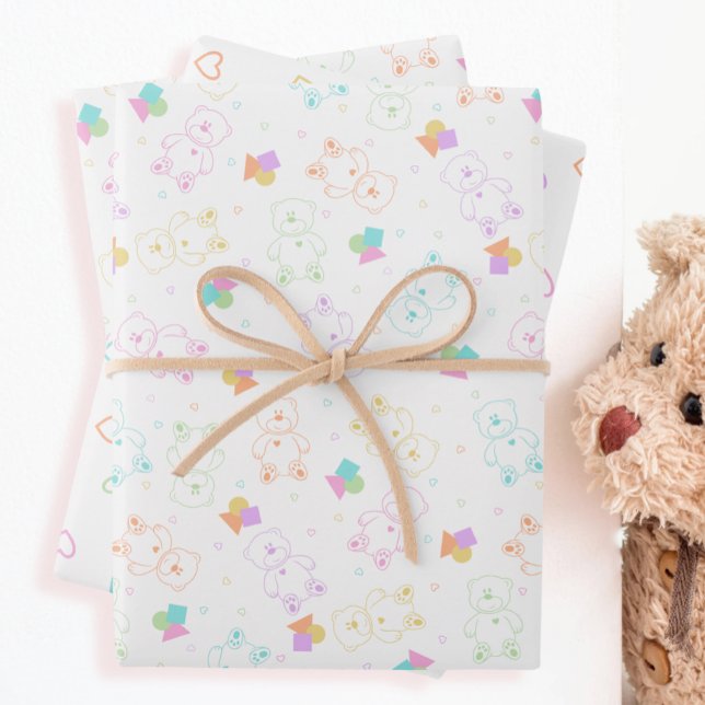 Pastel Rainbow Tossed Teddy Bears with Hearts Wrapping Paper Sheet (Creator Uploaded)