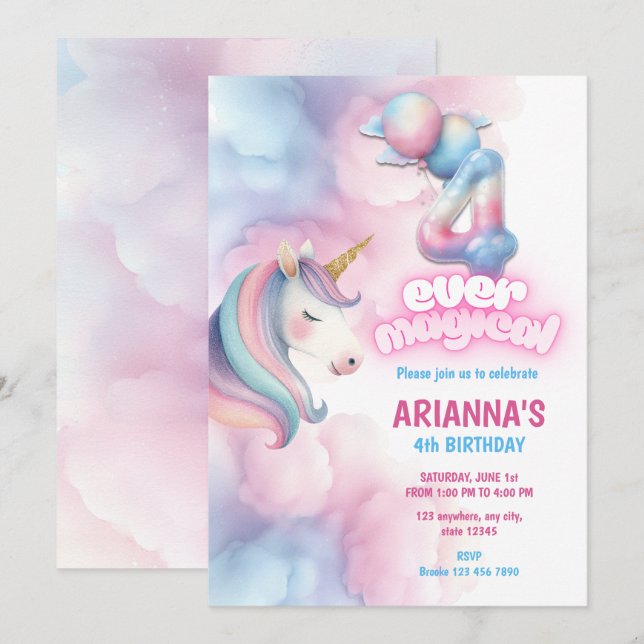 Pastel Rainbow Unicorn 4th Birthday Invitation (Front/Back)