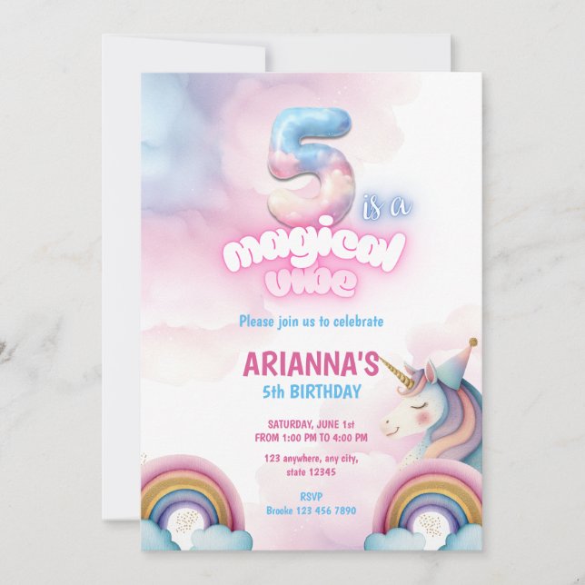 Pastel Rainbow Unicorn 5th Birthday Invitation (Front)