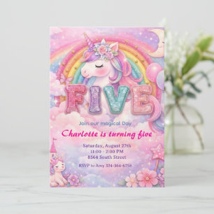Pastel Rainbow Unicorn 5TH Birthday Invitation